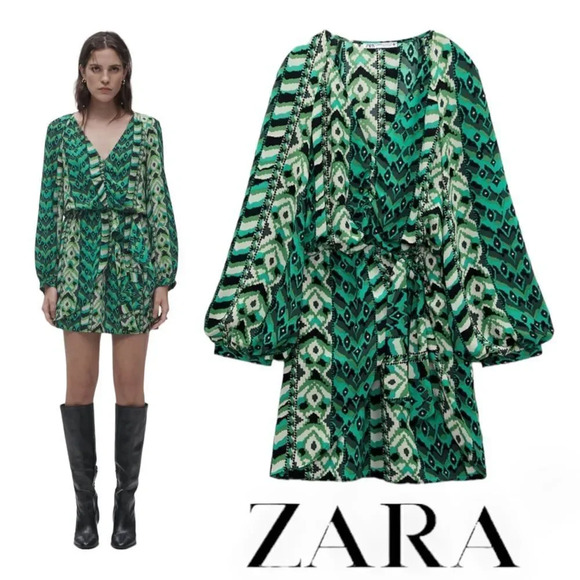ZARA | Black and Green | PRINTED SHORT DRESS - Picture 1 of 11